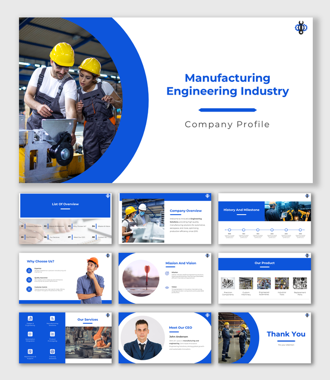 Manufacturing Engineering Industry profile with blue theme, timeline, CEO intro, services, and product slides