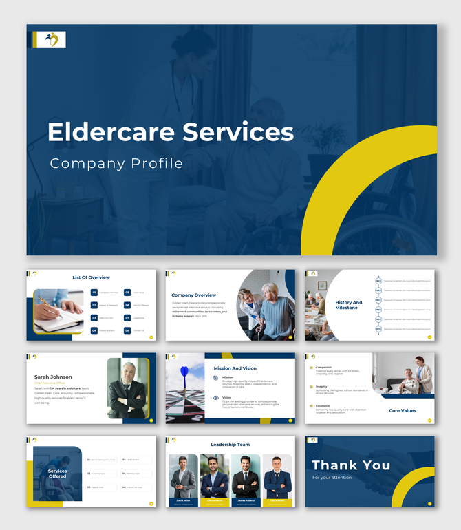 Eldercare Services profile in blue-yellow theme with history timeline, leadership team, mission, and offered services.