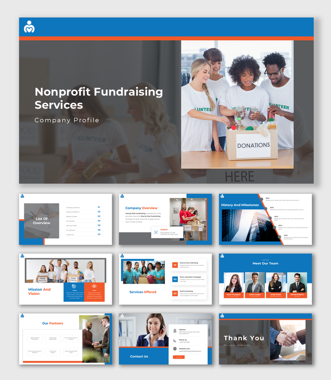 Nonprofit Fundraising Services slide in blue-red theme with volunteers, milestones, services, partners, and contact info.