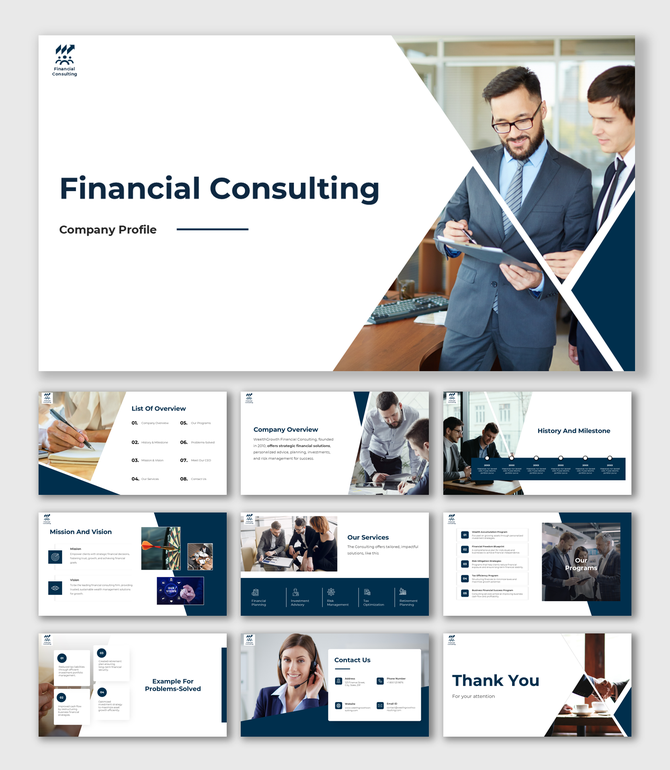 Alt: Financial Services Company Profile presentation slide featuring a dark blue theme with stacked coins and an upward arrow for growth visualization.