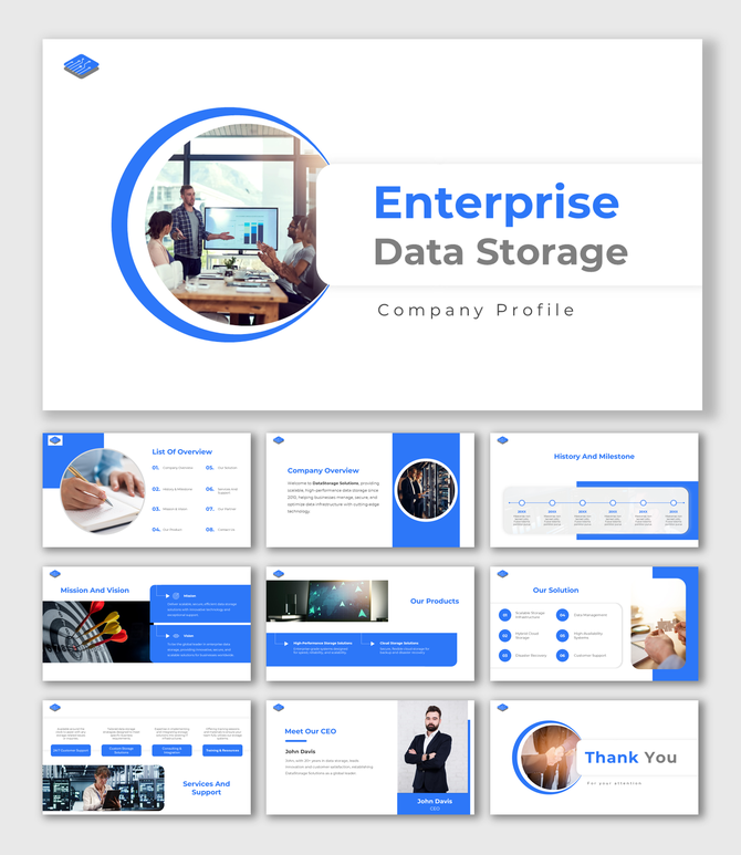 Enterprise Data Storage company profile slides with blue-white theme, circle, icons, timelines, and text holders for clarity.