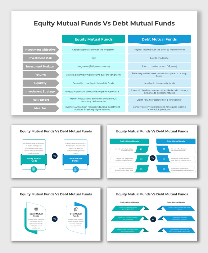 Equity Mutual Funds Vs Debt Mutual Funds: Blue-green comparison cards detail objectives, risks, and strategies with arrows.