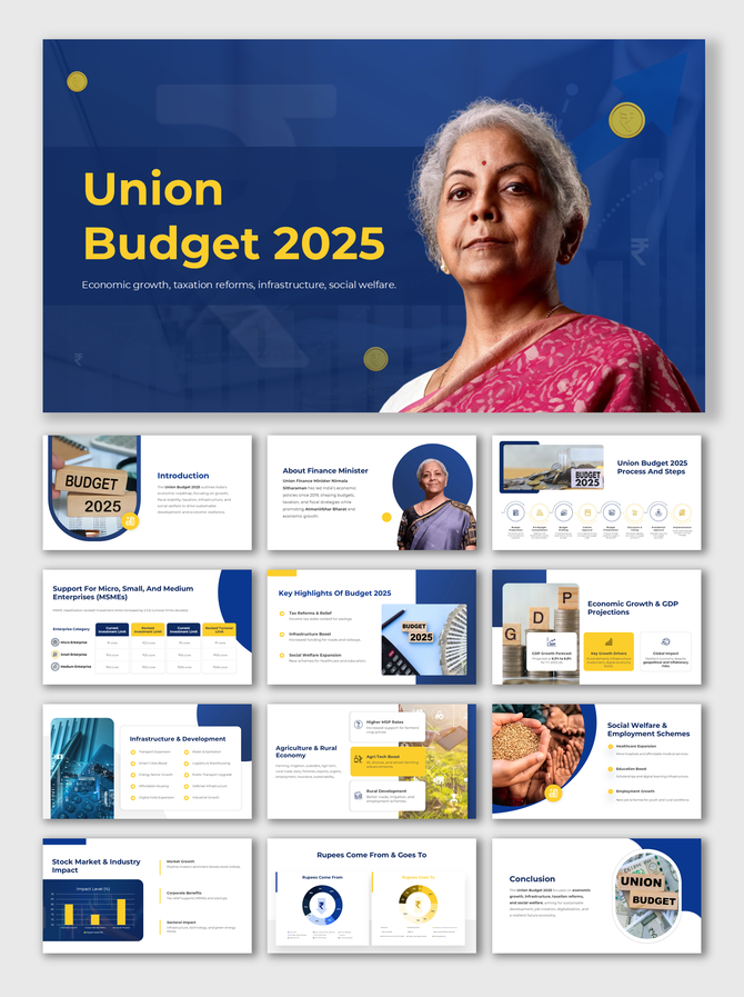 Union Budget 2025 slides with a professional layout, vibrant visuals, and placeholders for key topics and highlights.