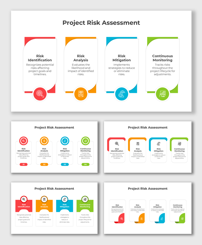 Project Risk Assessment infographic highlights steps with colorful icons, rounded shapes, and structured text for clarity.