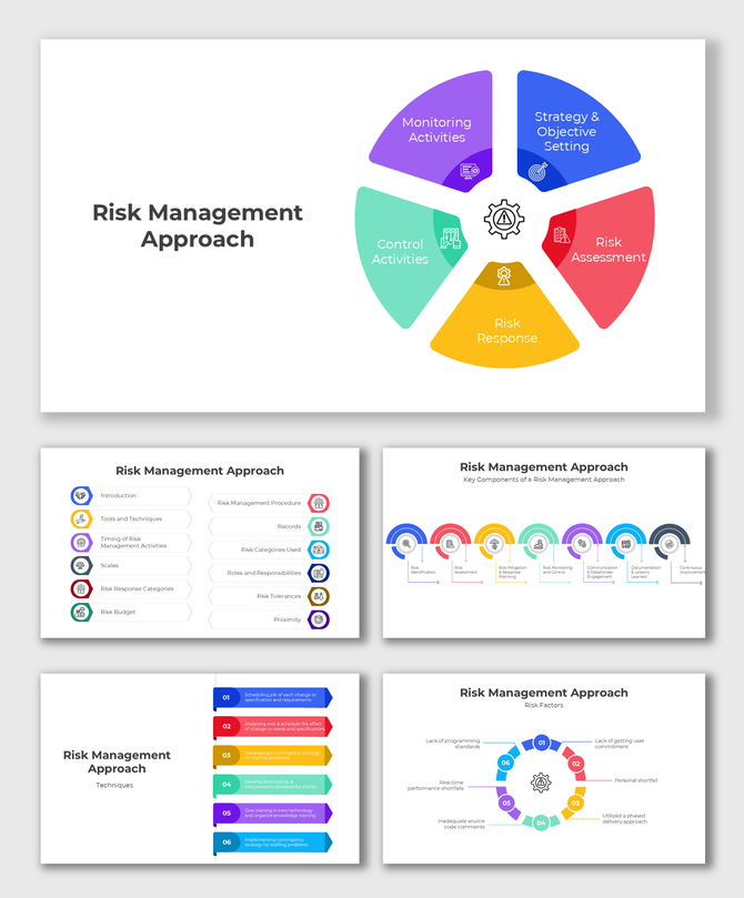 Risk Management Approach infographic showcases steps with vibrant colors, icons, and clean text for clarity and engagement.