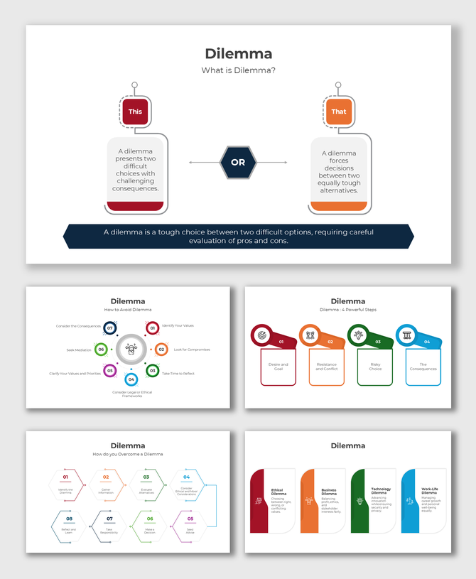 Dilemma infographic highlights decision-making with red, orange, green visuals, icons, and structured text for clarity.