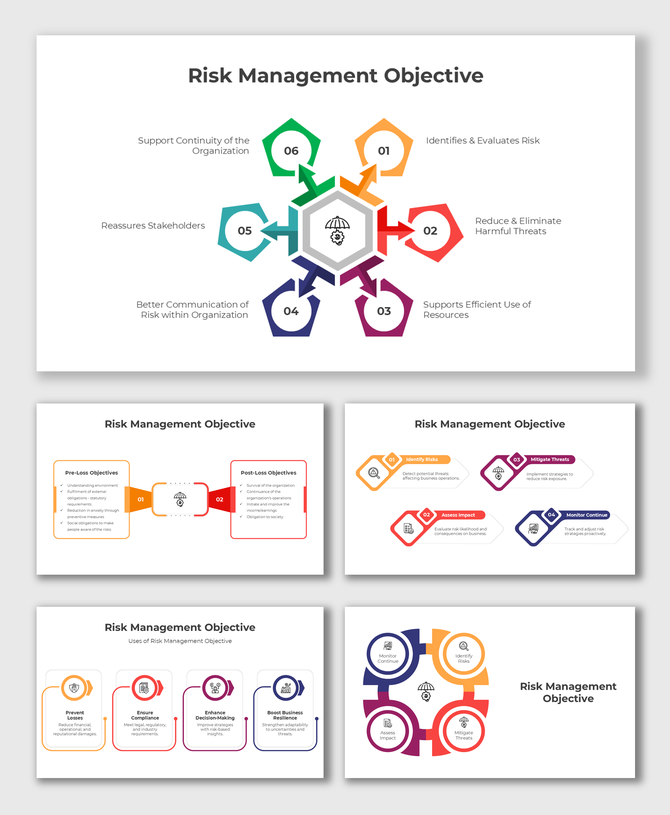 Risk Management Objective slides with colorful hexagons, icons, and arrows; covers risks, threats, and continuity.