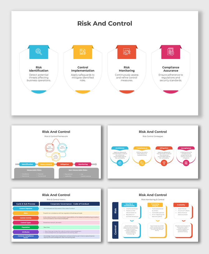 Risk And Control slides with frameworks, strategies, and compliance assurance using colorful shields and process charts.