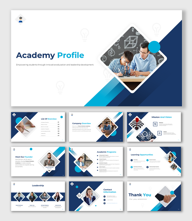 Academy Profile slides with a modern blue theme, featuring mission, vision, leadership, programs, and contact details.