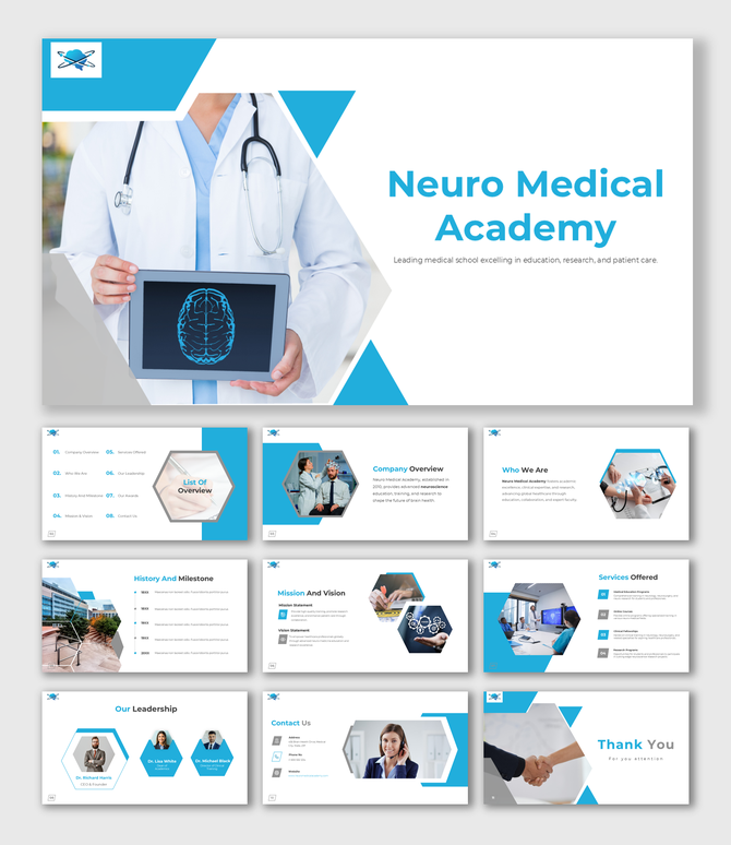 Neuro Medical Academy slides with a modern blue theme, showcasing research, education, patient care, and leadership.