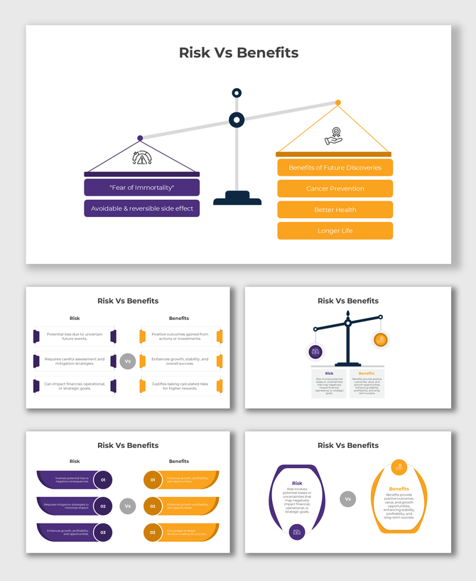 Risk Vs Benefits scale diagram comparing health risks with future benefits using purple and orange text holders.