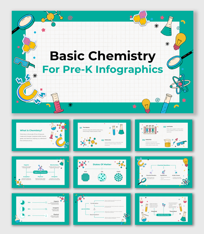 Educational Basic Chemistry For Pre-K Infographics with cartoon lab tools, bold headings, and vibrant colors for kids.