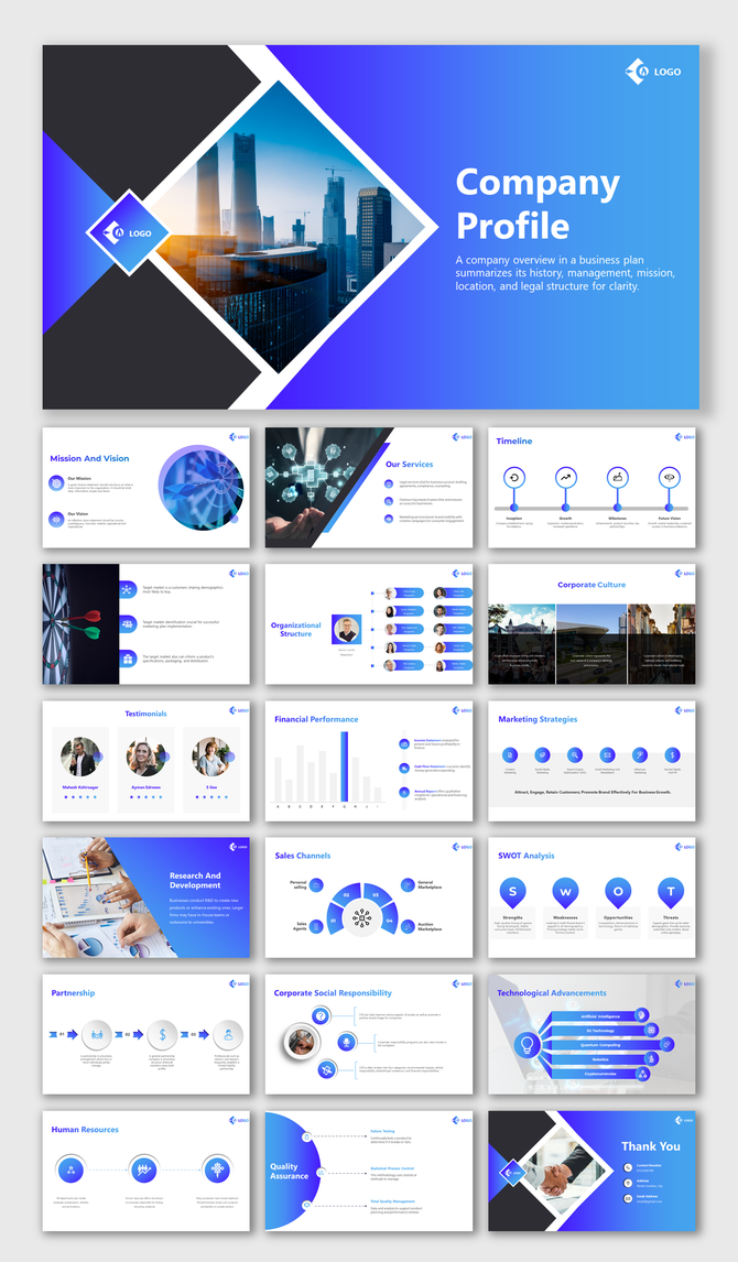Modern company profile template with a blue gradient theme and various slide layouts for mission, timeline, and services.