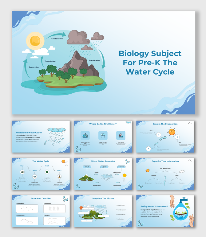 Biology Subject For Pre-K The Water Cycle with colorful nature visuals, blue tones, and easy-to-read text for kids.