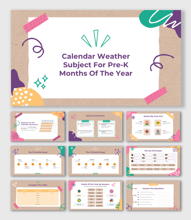 Calendar Weather Subject For Pre K Months Of The Year with fun colors, paper textures, cute icons, and activities.