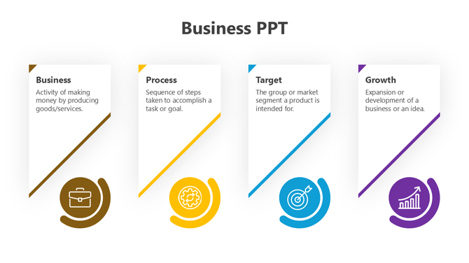 Business workers slide showcasing four roles from Manager, Trainer to Employee, each with corresponding icons.
