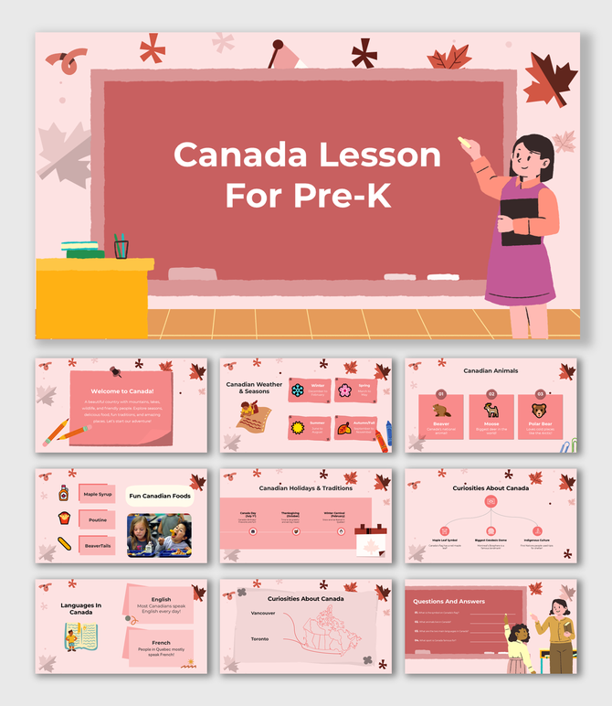 Canada Lesson For Pre-K with a red chalkboard, maple leaves, and slides on Canadian culture, food, weather, and animals.