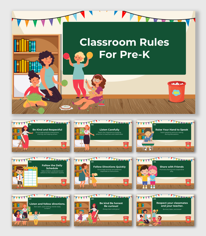 Classroom Rules For Pre-K slides with a chalkboard theme, colorful visuals, and simple behavior guidelines for kids.