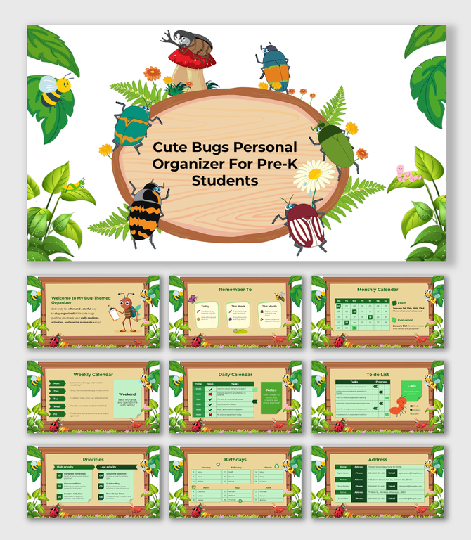 Cute Bugs Personal Organizer for Pre-K with bug illustrations, calendars, task lists, and reminders.