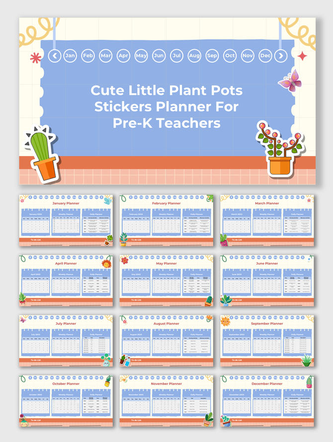 Cute Little Plant Pots Stickers Planner For Pre-K Teachers with monthly calendars, to-do lists, and plant-themed icons.