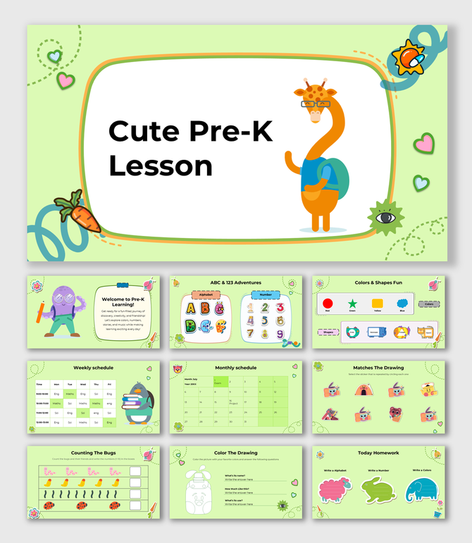 Cute Pre-K Lesson with a friendly giraffe, colorful text boxes, counting, matching, and drawing activities for preschoolers.