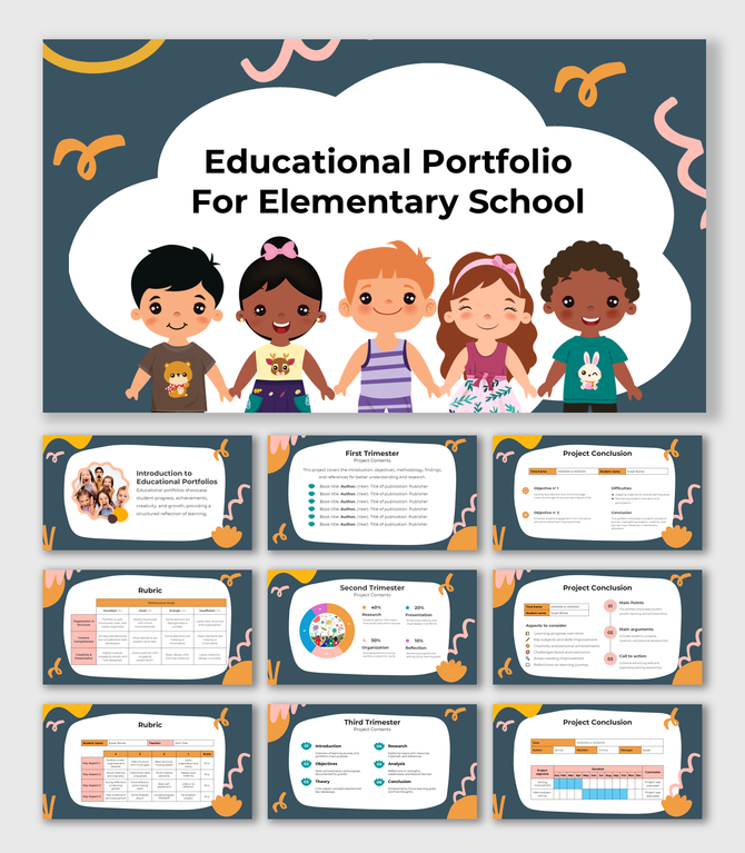 Educational Portfolio For Elementary School with project details, rubrics, trimester progress, and colorful visuals.
