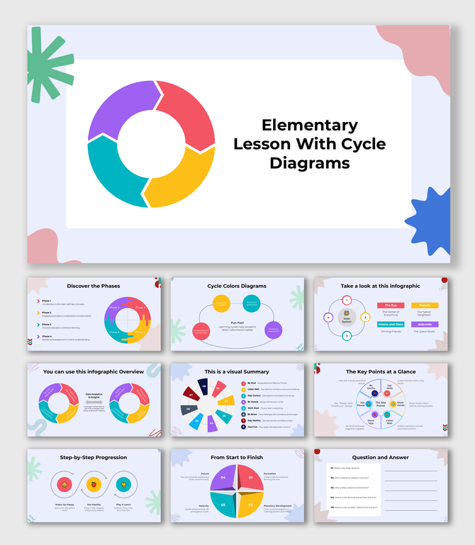 Elementary Lesson With Cycle Diagrams featuring colorful circular charts, stepwise progressions, and infographic visuals.