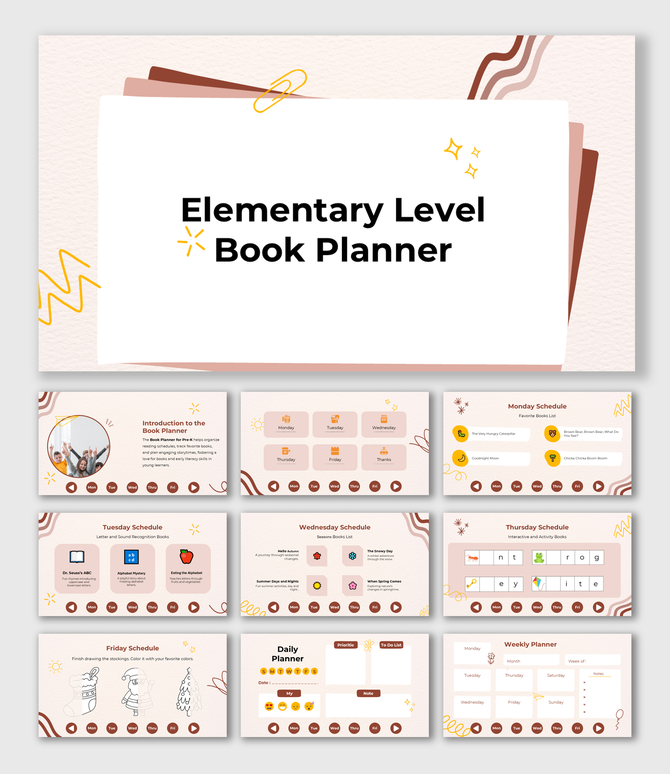 Elementary Level Book Planner with a pastel theme, weekly book lists, daily planner, and interactive reading activities.