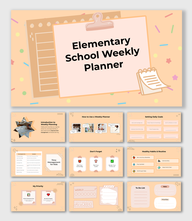 Elementary School Weekly Planner with schedules, goals, priorities, and to-do lists in a warm peach-themed design.