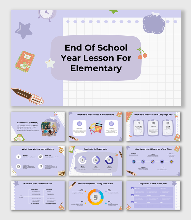 End Of School Year Lesson For Elementary with subject highlights, achievements, and milestones in a pastel design.