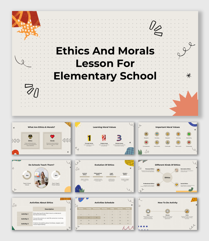Ethics And Morals Lesson For Elementary School with moral values, activities, and ethics types in a creative layout.