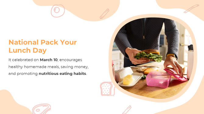 National Pack Your Lunch Day slide with a person making a sandwich, pink lunchbox, and beige-themed background.