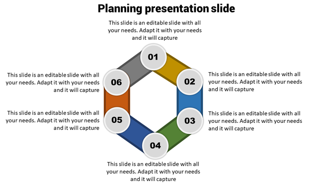 Hexagonal planning diagram with six colorful segments labeled 01 to 06 and text around the shape.