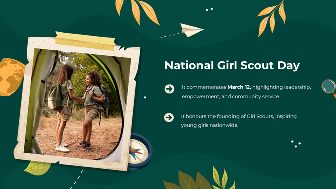 National Girl Scout Day slide with two scouts outdoors, celebrating leadership, empowerment, and community service.