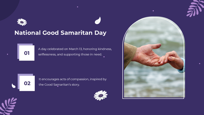 National Good Samaritan Day slide with a purple theme, helping hands image, and key points on kindness and compassion.