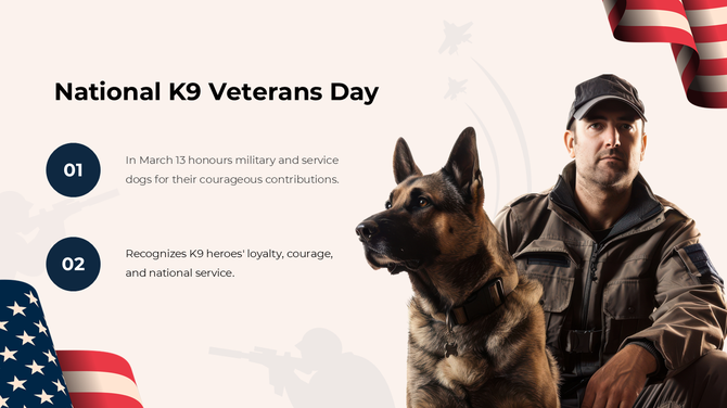 National K9 Veterans Day slide featuring a soldier, service dog, USA flag, bold text, and a patriotic-themed background.