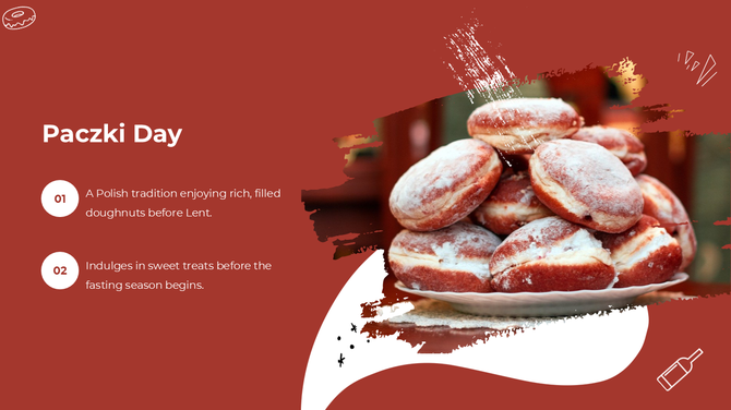 Paczki Day slide with powdered donuts on a plate, red background, white text, brush strokes, and festive design.