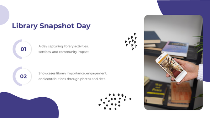 Library Snapshot Day slide with purple and white design, featuring a hand capturing a bookshelf on a smartphone.