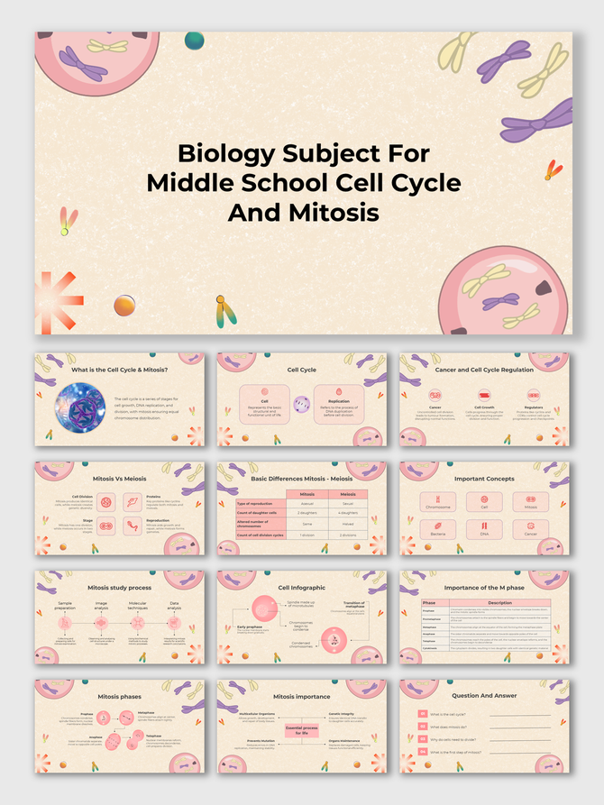 Biology Subject For Middle School Cell Cycle And Mitosis with pastel cell icons, charts, and Q&A slide.