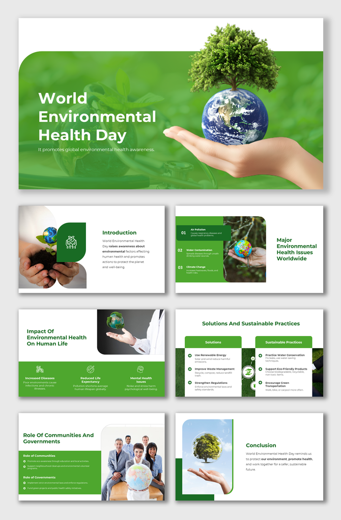 World Environmental Health Day slides with globe, green theme, human health impact, and eco solutions visuals.