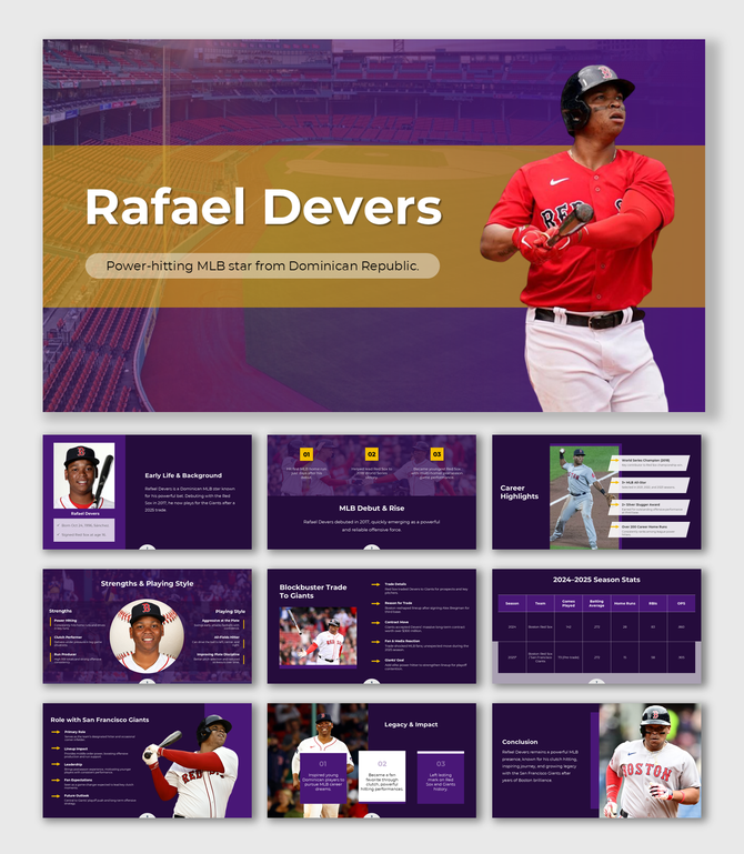 Rafael Devers presentation with purple-gold theme, MLB stats, trade timeline, player photos, and career highlights.