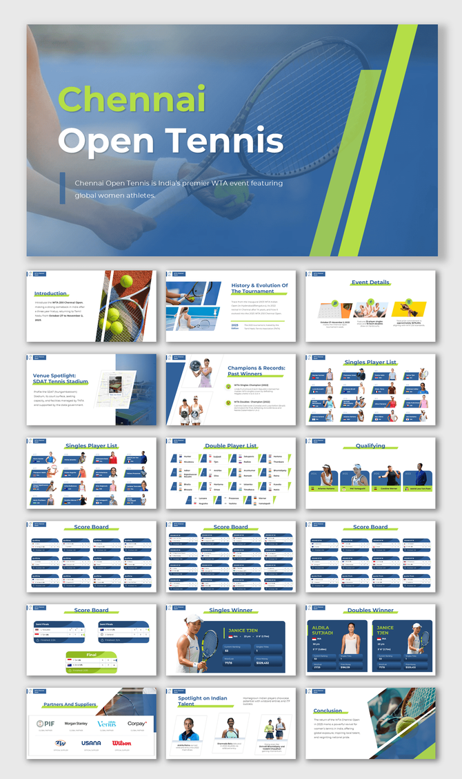2025 Chennai Open Tennis presentation with blue-green design, WTA event info, players, venue, sponsors, and match details.