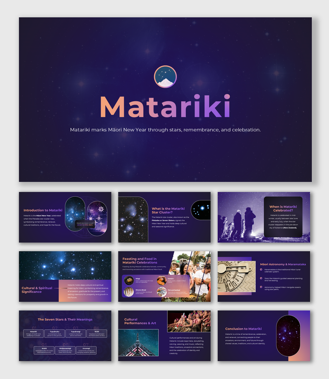 Matariki slide deck with star cluster visuals, Māori culture, food, art, and celebration in cosmic purple tones.