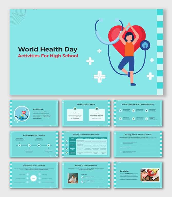 World Health Day Activities For High School slides with Green theme, yoga pose, icons, and health task visuals.