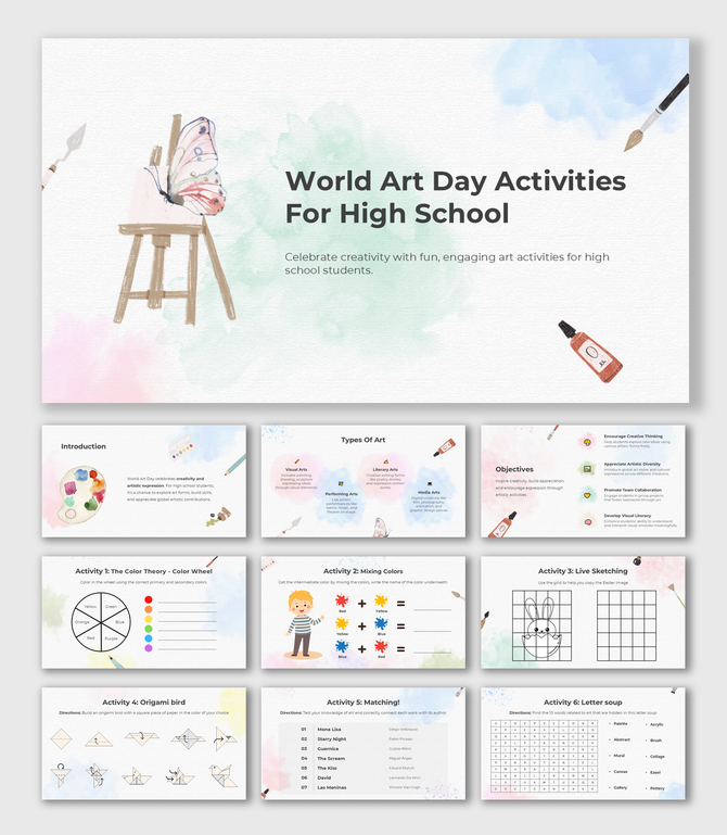 World Art Day Activities For High School with pastel colors, canvas, art tools, and student-friendly creative tasks.