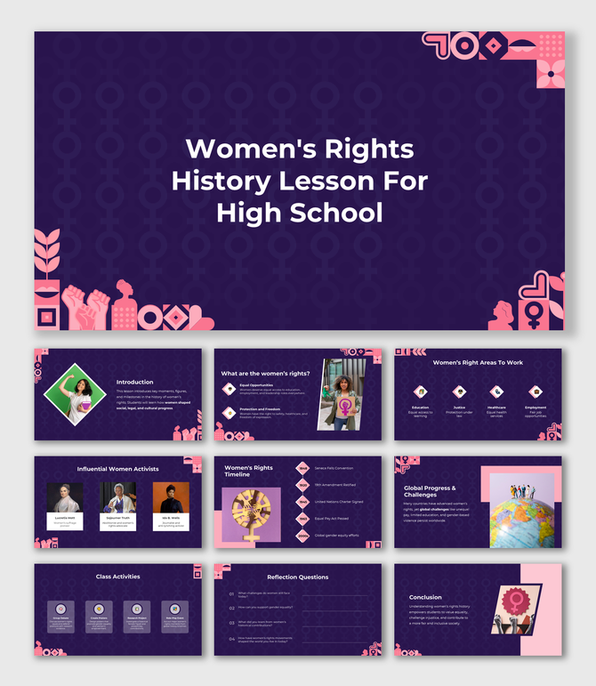 Womens Rights History Lesson For High School with purple theme, icons, timeline, photos, and class activity slides.