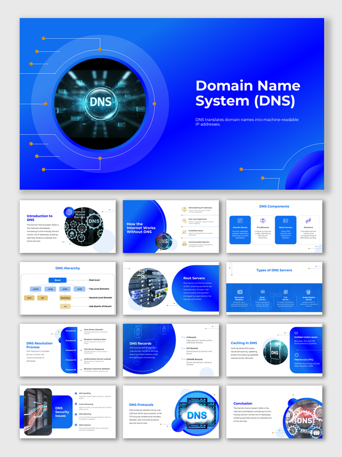 Domain Name System presentation template with blue theme, DNS hierarchy, servers, records, protocols, and security visuals.