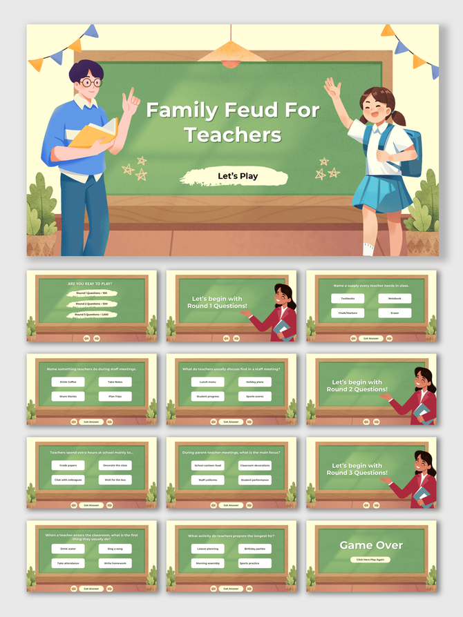 Family Feud For Teachers game template with chalkboard theme, green slides, quiz text boxes, and cartoon characters.