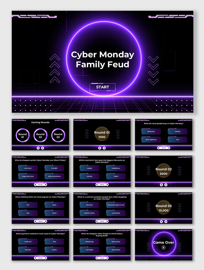 Cyber Monday Family Feud game template with neon purple theme, black grid background, quiz text boxes, and glowing shapes.