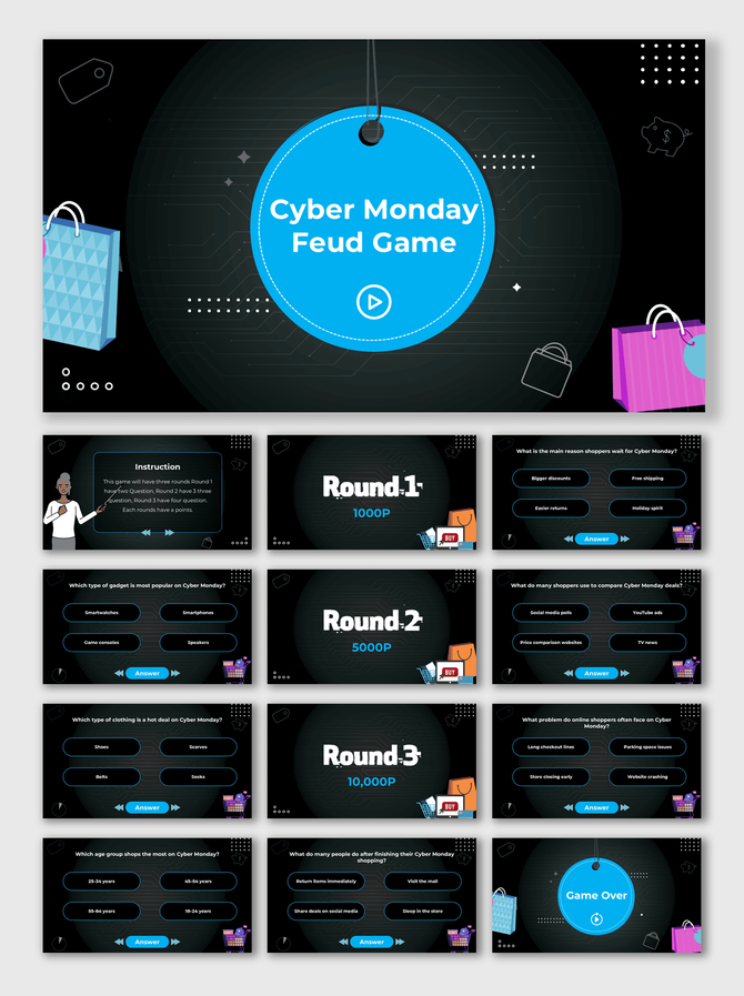 Cyber Monday Feud Game template with black theme, blue circle start button, shopping bag graphics, and quiz text boxes.